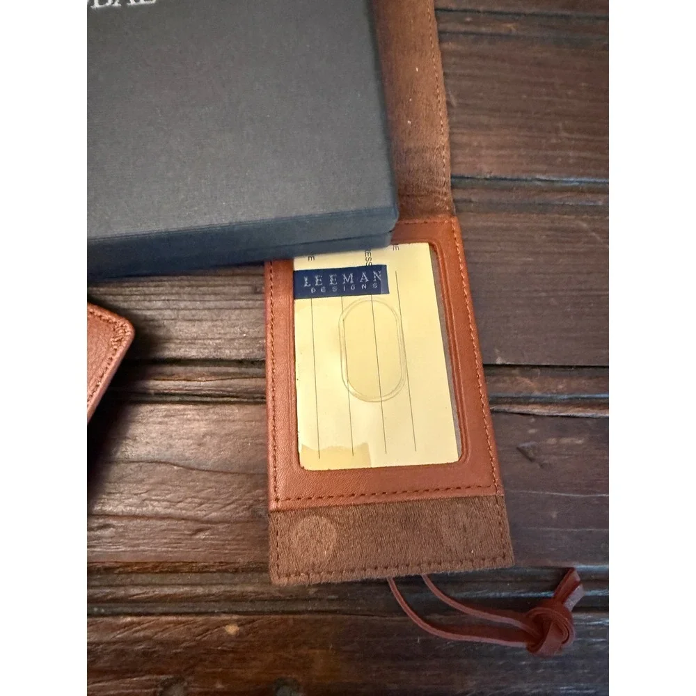 Leeman Designs Tan Leather Passport Cover and Luggage Tag Travel Gift Set Global